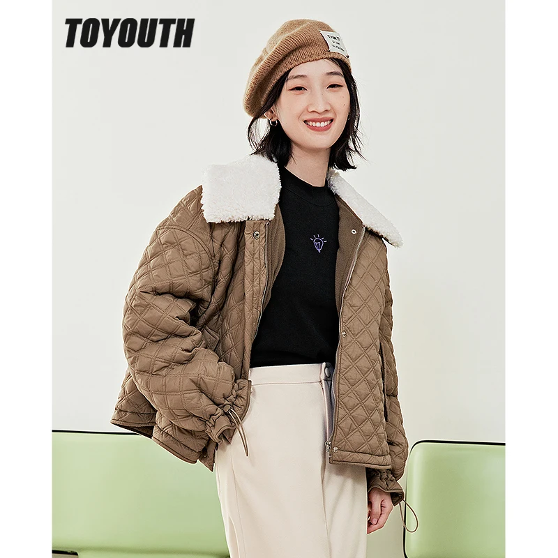 Toyouth Women Thick Coat 2022 Winter Long Sleeve Plush Cashmere Lapel Loose Jacket Diamond Check Brown Warm Outwear Tops