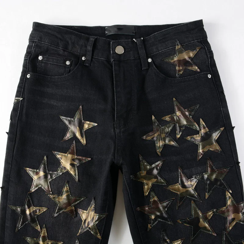 Men's Black Distressed Streetwear Gold Stars Patches Slim Stretch Skinny High Street Fashion Style Ripped Jeans