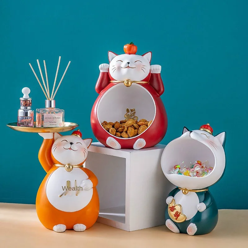 

Modern Nordic Resin Lucky Cat Figurine Decoration Home Porch Key Living Room Candy Sundry Storage Box Table Ornaments Figurines