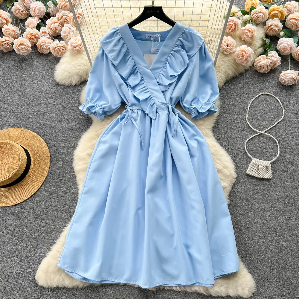 

French A-line Dress Women Fashion Summer Ruffled V Neck Short Sleeve Drawstring Elegant Casual Clothes Vestidos De Fiesta K952