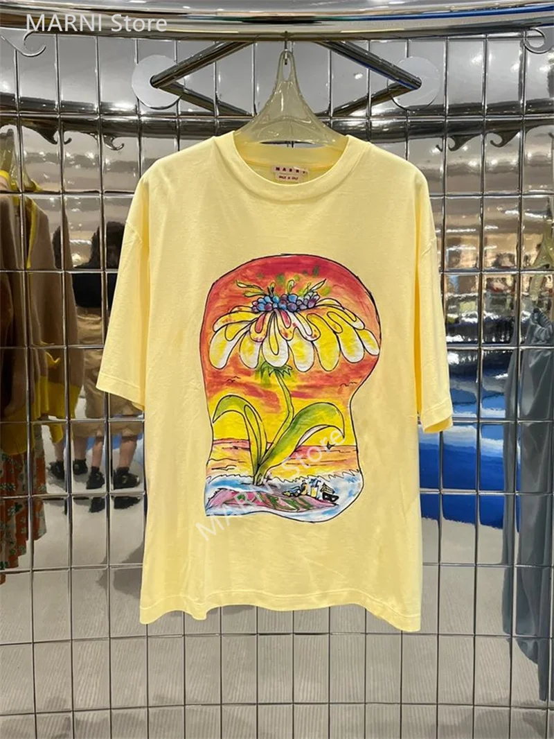 

Marni Hand-painted floral cartoon design cotton short sleeve T-shirt Women's Sweet preppy loose-fitting crew-neck top
