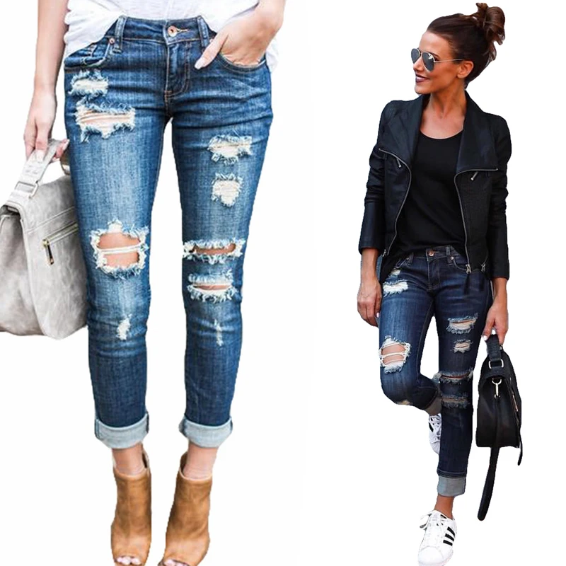 Denim jeans knee hole New Fashion Women's Pencil Pants Skinny Jeans Tears Split Hollow Butt Bleached Washed Denim