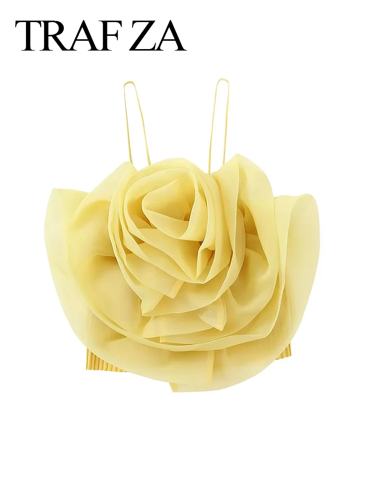

Летний женский однотонный желтый жилет TRAF ZA, тонкие сексуальные подтяжки с трехмерными цветами, элегантный короткий топ 2022