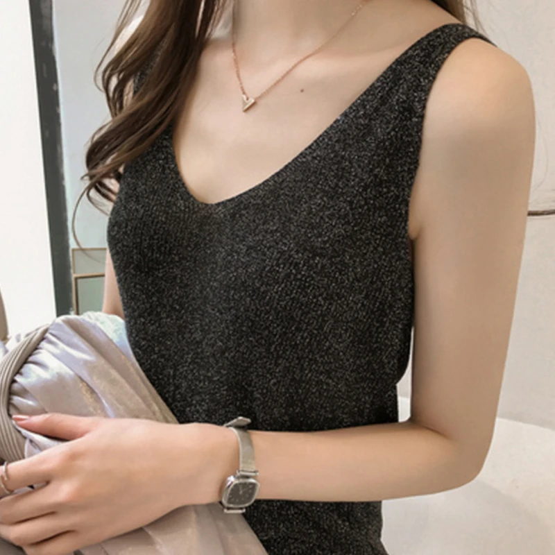 

Women Sleeveless Tank Tops Sexy Female V-Neck Knitted Camisole Club Girls Camis Thin Shiny Glitter Bling Knitting Crop Tank Tops
