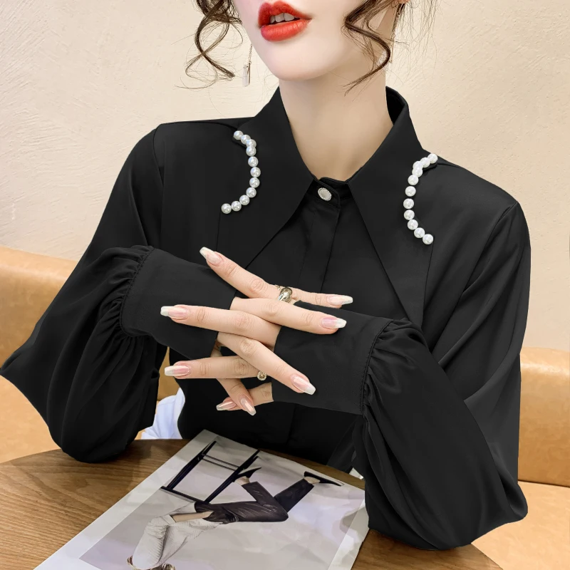 

Frenchy High-end Vintage Long Sleeve Satin Blouses Women Beaded Neck Button Shirts Korean Fashion Bright Shinny Autumn Top