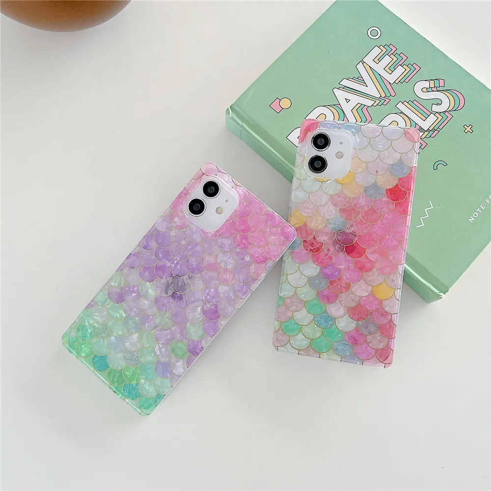 

Soft Silicone Phone Case For iPhone 14 13 12 11 Pro Max XS XR X 8 7 Plus Glitter Shell Pattern Geometric Fish Scales Cover Funda