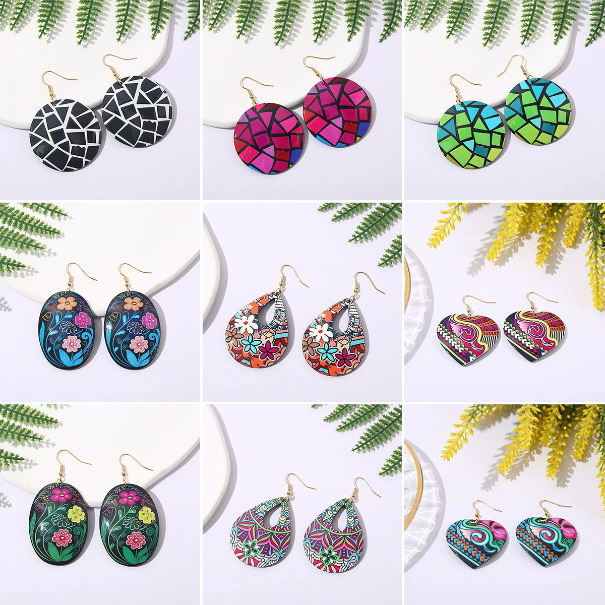 

Ethnic Unique Painted Geometric Pattern Acrylic Earrings for Women Boho Long Oval Round Heart Water Drop Earrings Female Jewelry
