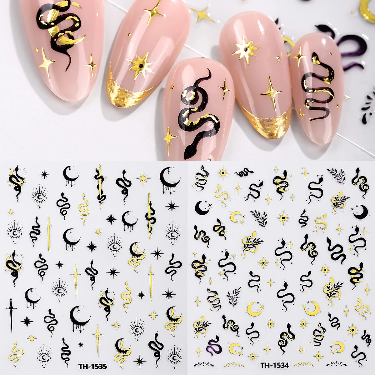 2 шт. 3D черные и золотые наклейки для дизайна ногтей со змеей звезда луна Y2K