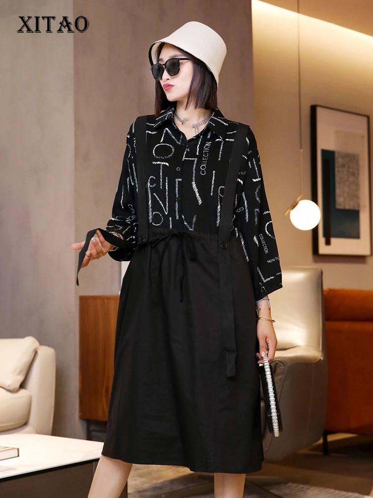 

XITAO False Two Piece Sets Dress Fashion Loose Letter Print Straps Shirt Dress Casual Women Autumn Full Sleeve Women ZY7630