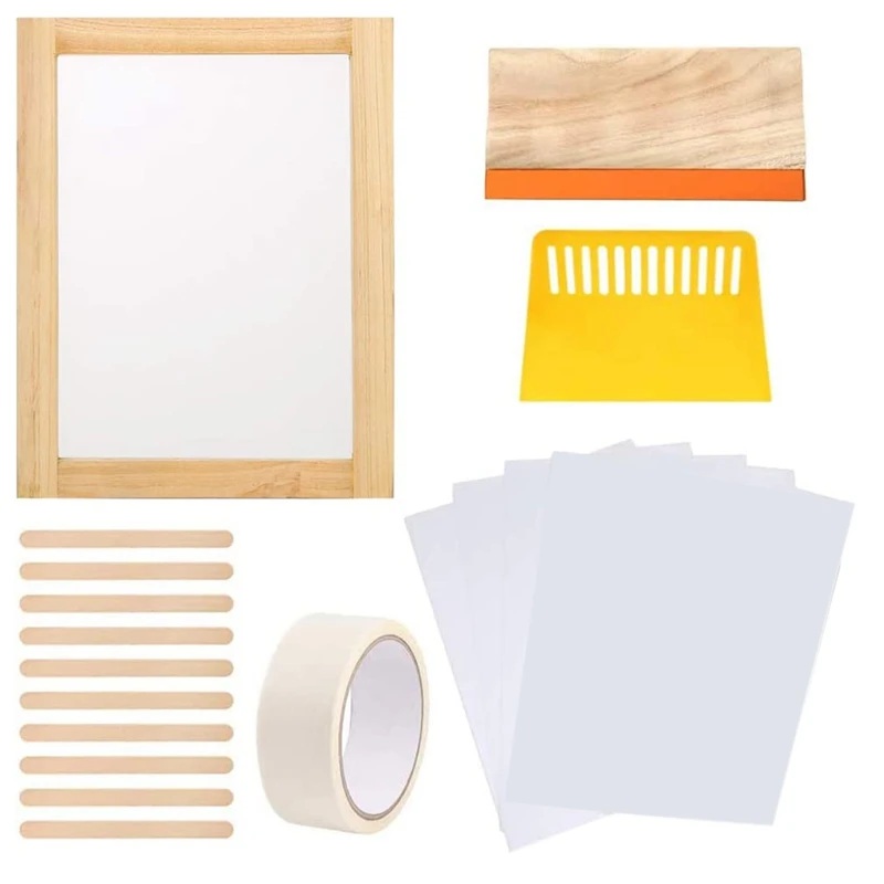 

JHD-Screen Printing Starter Kit, 10 X 14 Inch Wood Silk Screen Printing Frame With 110 White Mesh, Screen Printing Squeegees