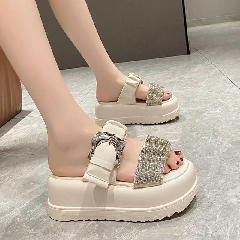 7CM Thick Bottom Wedge Slippers Women Summer Bling Chunky Platform Sandals Woman Buckle Flip Flops High Heels Sandalias Mujer