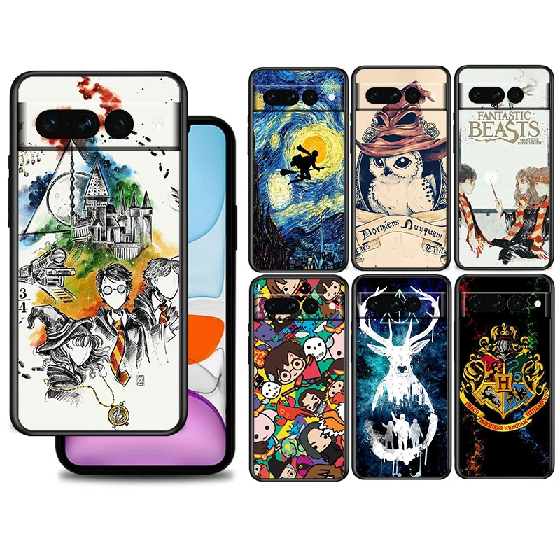 

Potters H-Harrys Cute For Google Pixel 7 6 6A 5 4 5A 4A XL Pro 5G Silicone Shockproof Soft TPU Black Phone Case Cover Coque Capa