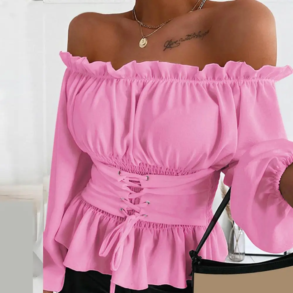 

Casual Women Blouse 2023 Autumn Casual Solid Color Long Sleeve Ruffled Hem Off Shoulder Top Blouse Femme