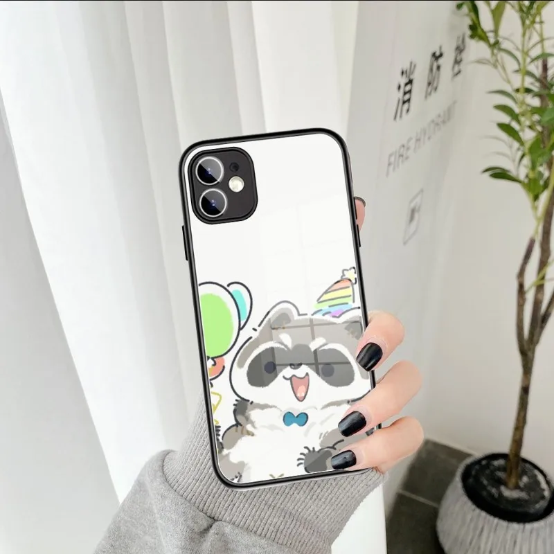 Cute Cartoon Animal Raccoon Phone Case Glass for IPhone 11 12 13 14 Pro XR XS MAX 8 X 7 14 Plus SE 13 Pro Design Iphone Covers