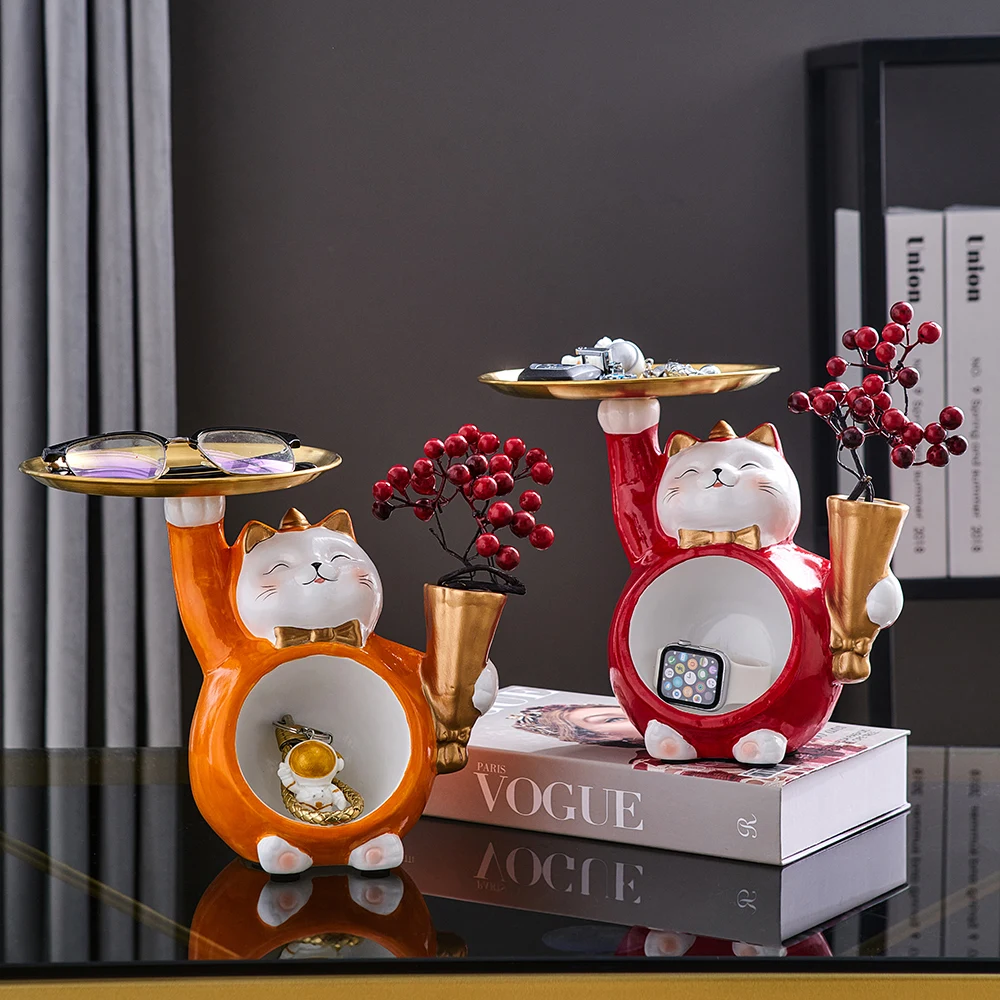 

Cute Cat Sculpture Storage Tray Living Room Decoration Accessories Desktop Organizer Bedroom Decor Ceramics Decorations Gifts