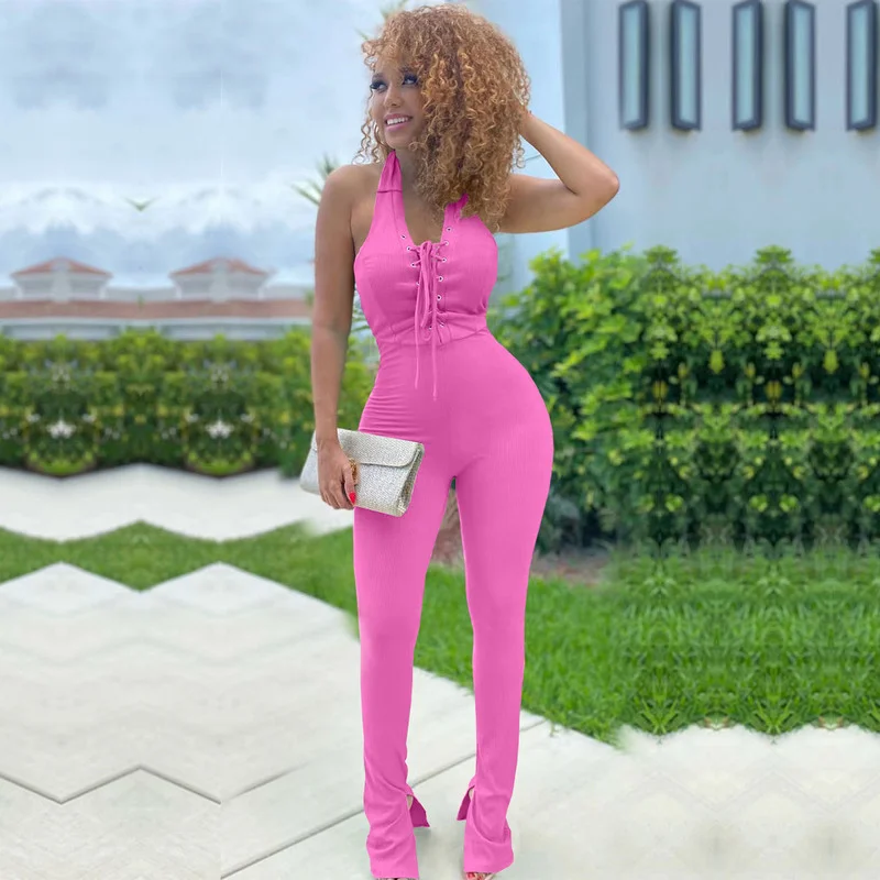 

WUHE Eyelet Lace Up Halter V-neck Backless Sleeveless Split Hem Flare Jumpsuit 2023 Summer Workout Streetwear Women Playsuit