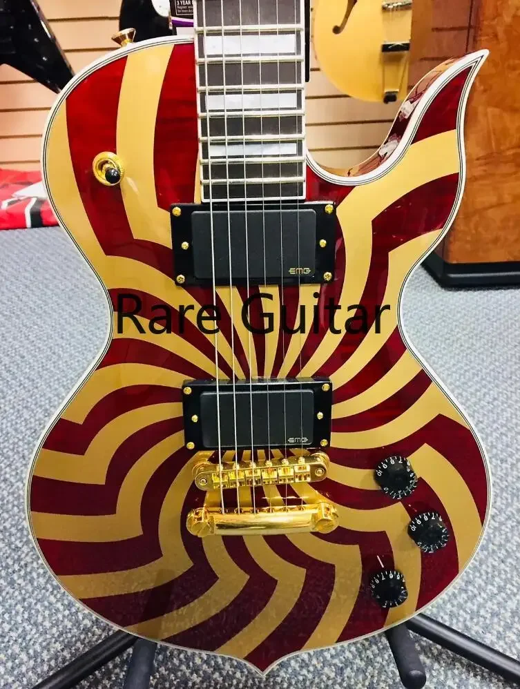 

Rhxflame Wylde Odin Grail Crimson Gold Buzzsaw Red Guitar Quilted Maple Top, Large Block Inlay, Golden Grover Tuners,