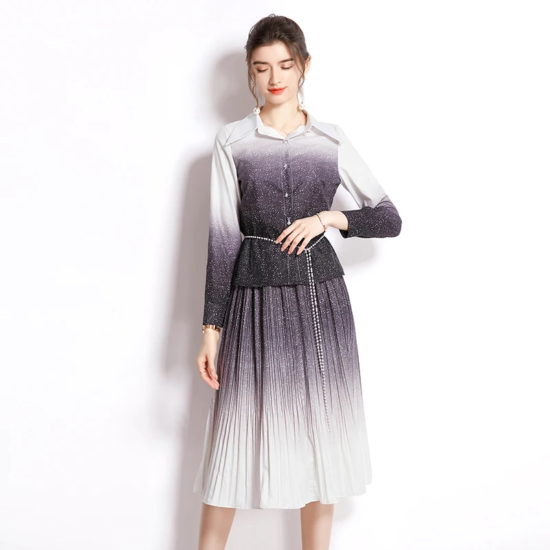 

SuperAen 2022 New Gradient Print Turn Down Collar Single Breasted Shirt+pleated Skirt Two-piece Set Bead Chain Belt