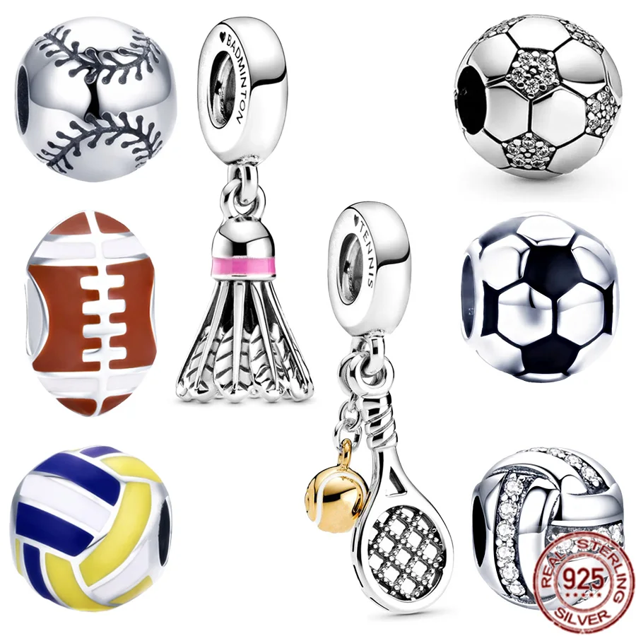 

Hot Sale Football Volleyball Rugby & Badminton Dangle Charm 925 Sterling Silver Beads Fit Original Pandora Bracelet Jewelry Gift