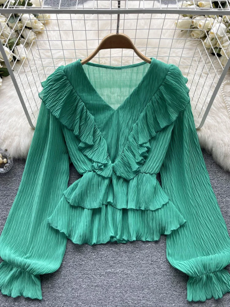 

Женская драпированная блузка с V-образным вырезом, с длинным рукавом