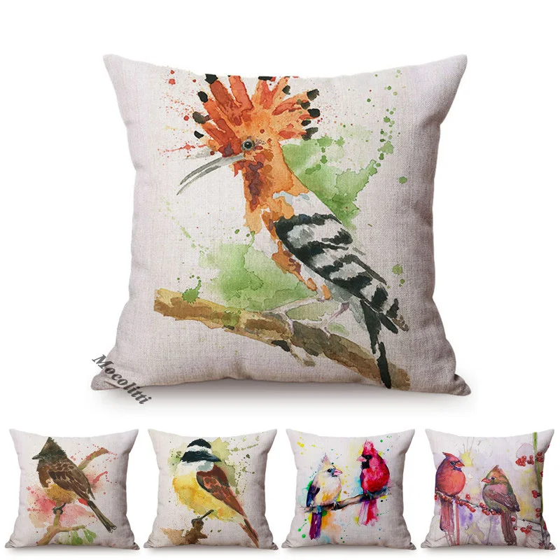 

Bird Style Nordic Splatter Art Print Home Decor Pillows Case Woodpecker Titmouse Fairy Sparrow Cotton Linen Sofa Cushion Cover