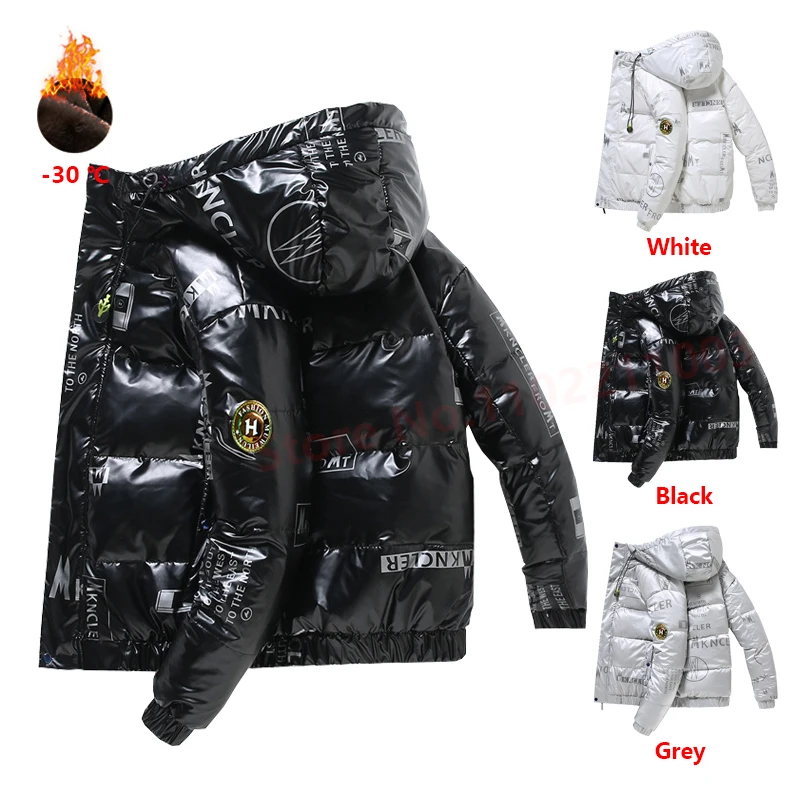 

90% White Duck Down Down Jacket Winter Men's Casual Loose Bright Printed Down Jacket Outdoor Waterproof Hooded Jacket Wholesale