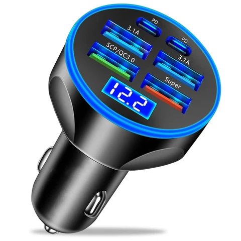Автомобильное зарядное устройство USB C адаптер 4 USB A и 2 PD Сверхбыстрая зарядка с монитором напряжения для iPhone Samsung Huawei Vivo OPPO Oneplus