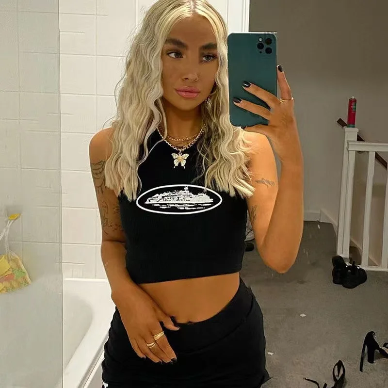 

2022 Summer Slim Render Short Top Sexy Black Women Sleeveless O Croptops Tank Tops Crop Vest Tops Wholesale