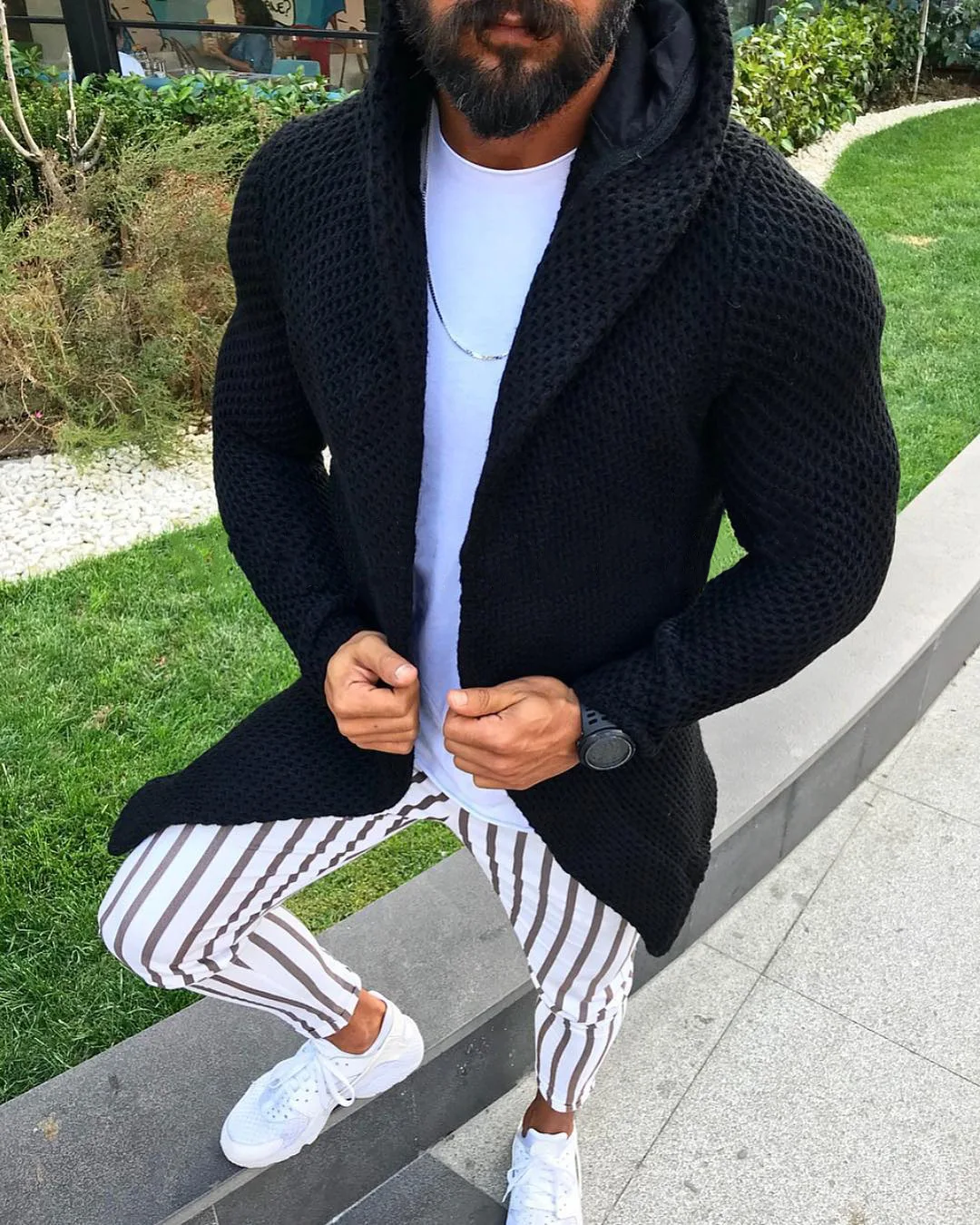 Men Sweater Cardigan New Autumn Winter Slim Solid Color Long Sleeved Cardigan Hooded Knitted Sweater Men's Top