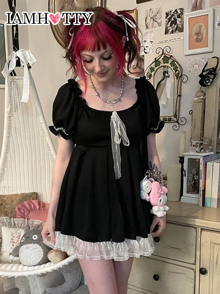 

IAMHOTTY Lace Bow Black Kawaii Dress Lolita Style A-line Mini Dresses Japanese Aesthetic Party Holiday Outfit Dark Academia Robe