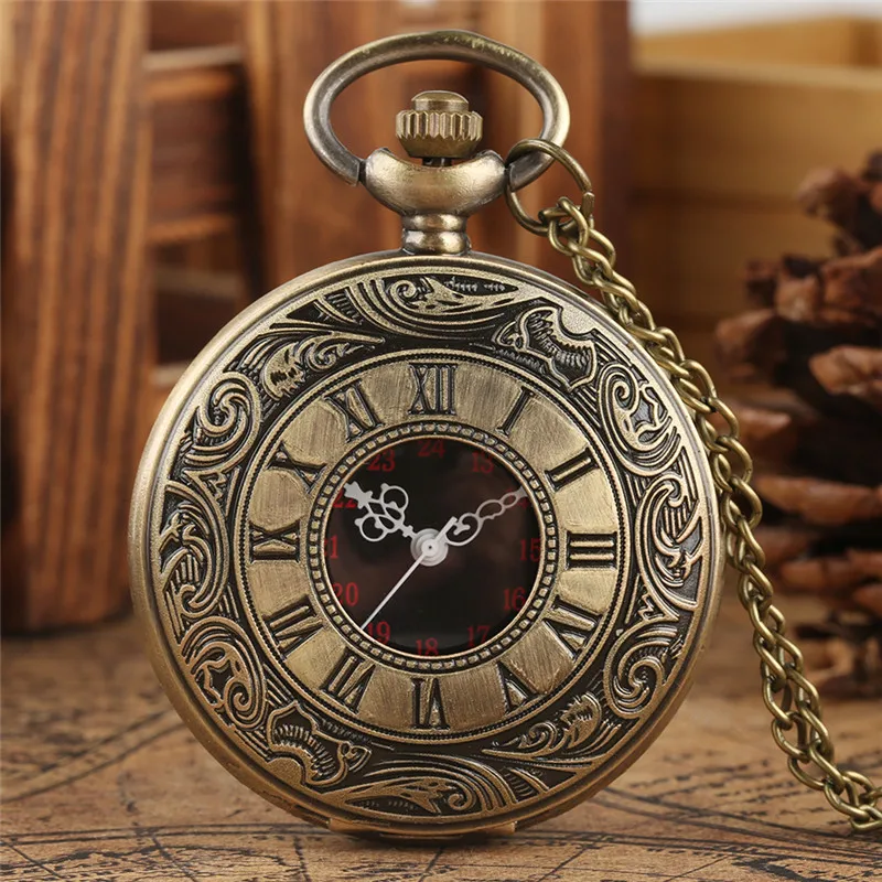 

Black/Bronze/Silver/Gold Engraved Hollow Out Roman Number Clock Unisex Quartz Analog Pocket Watch Necklace Pendant Chain Gift