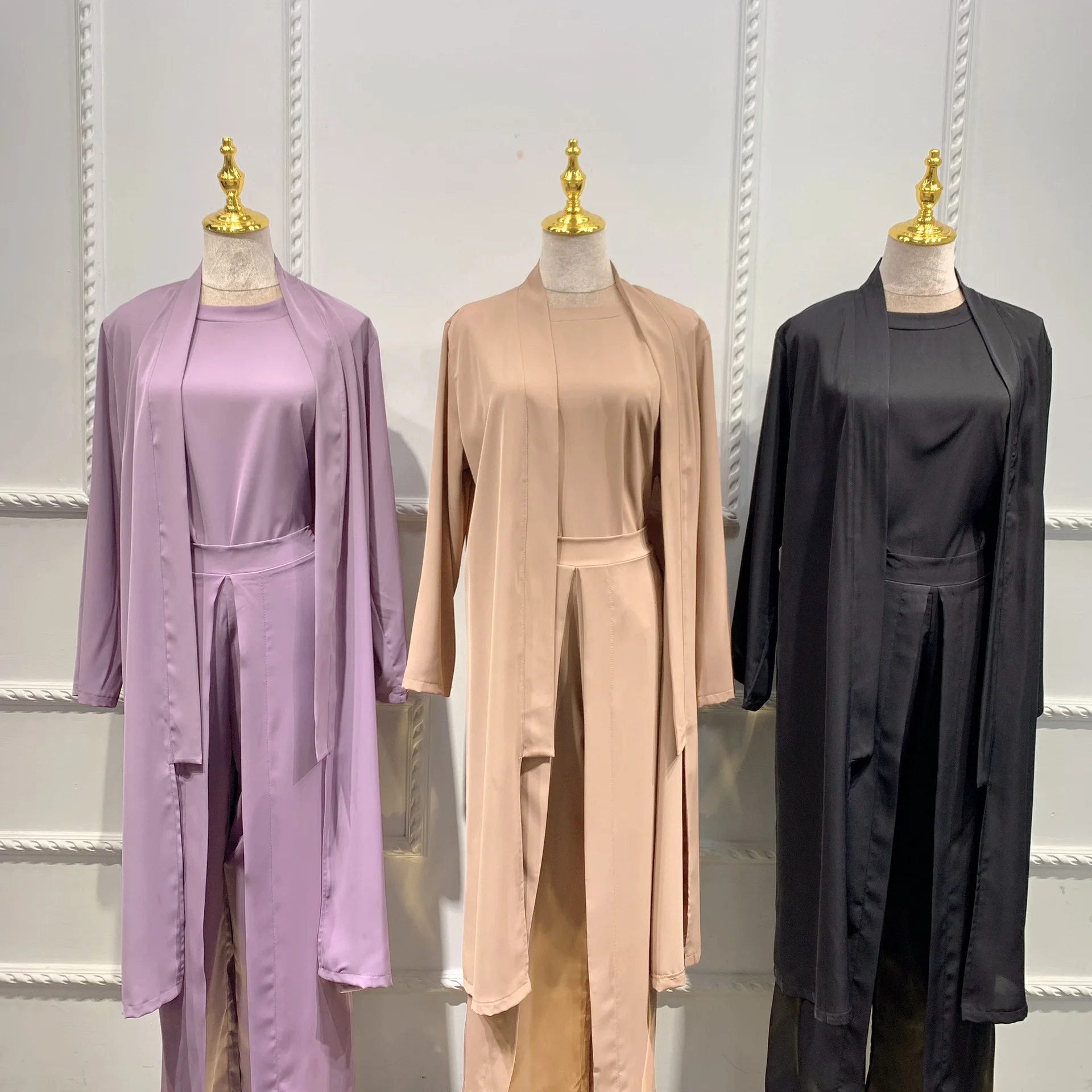 3 Piece Matching Set Women Tops and Pants Muslim Sets Dubai Abaya Kimono Arabic Modest Outfit Plain Open Abayas Islamic Clothing