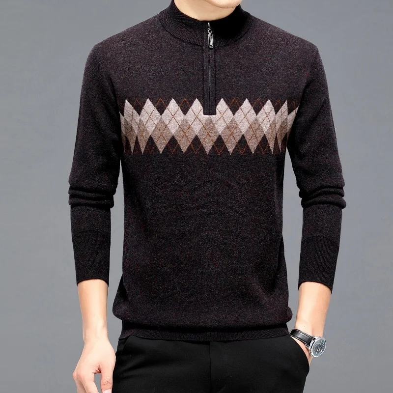 Woolen Sweater Men's High-End Sweater Half Turtleneck Zipper Winter Thickened Rhombus Jacquard Men's Knitted Pullover