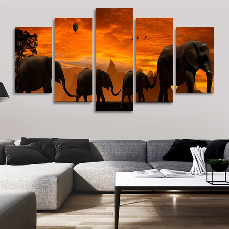 

African Elephant Family Poster Panoramic Animal 5 Pieces Canvas Painting Living Room Home Decor Interior Wall Painting