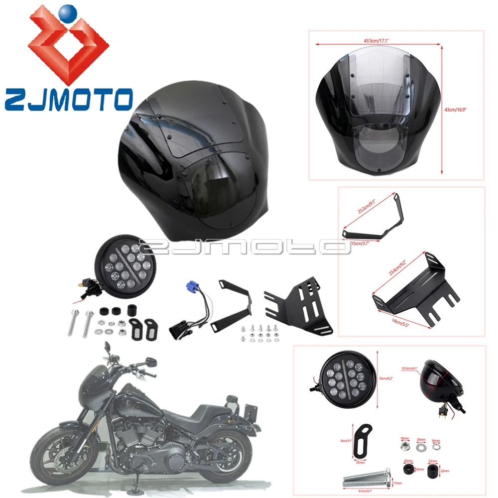 

For Harley Softail Low Rider S FXLRS 2020-2022 Quarter Fairing Windshield 5.75'' LED Headlight W/ Relocation Block Mounting Kit