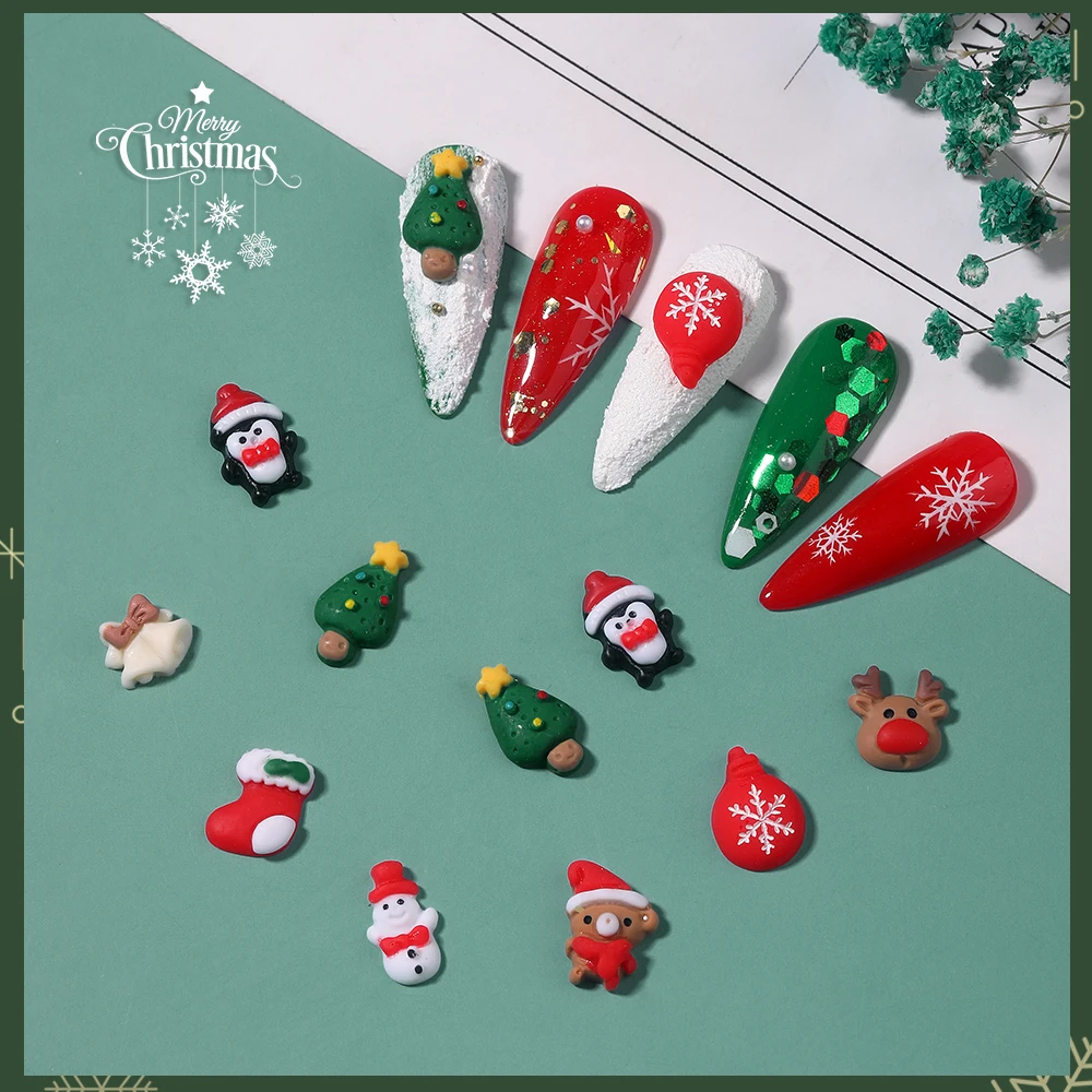 10pcs 3D Christmas Tree Socks Elk Snowman Snowflake Resin Nail Charms Kawaii Christmas Nail Art Accessories Decoration Jewelry