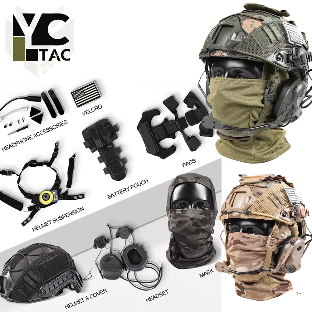 Фото Тактический шлем YCTAC для страйкбола, комплект защитного боевого шлема FAST с чехлом и гарнитурой для пейнтбола и игр на открытом воздухе. №1