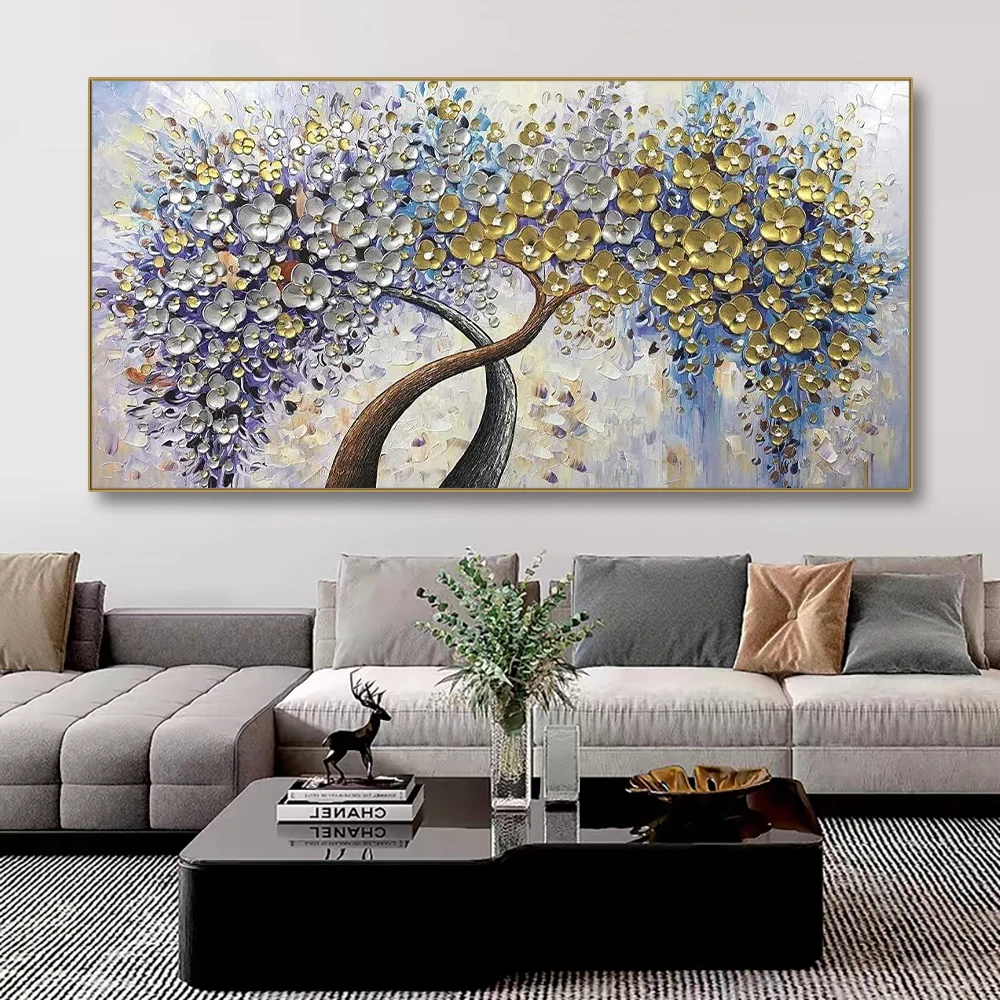 

Morden Hand Paint Flower Oil Painting Abstract Gold Fortune Tree Handmade Thick Texture oil Painting Livingroom Decor Wall Art