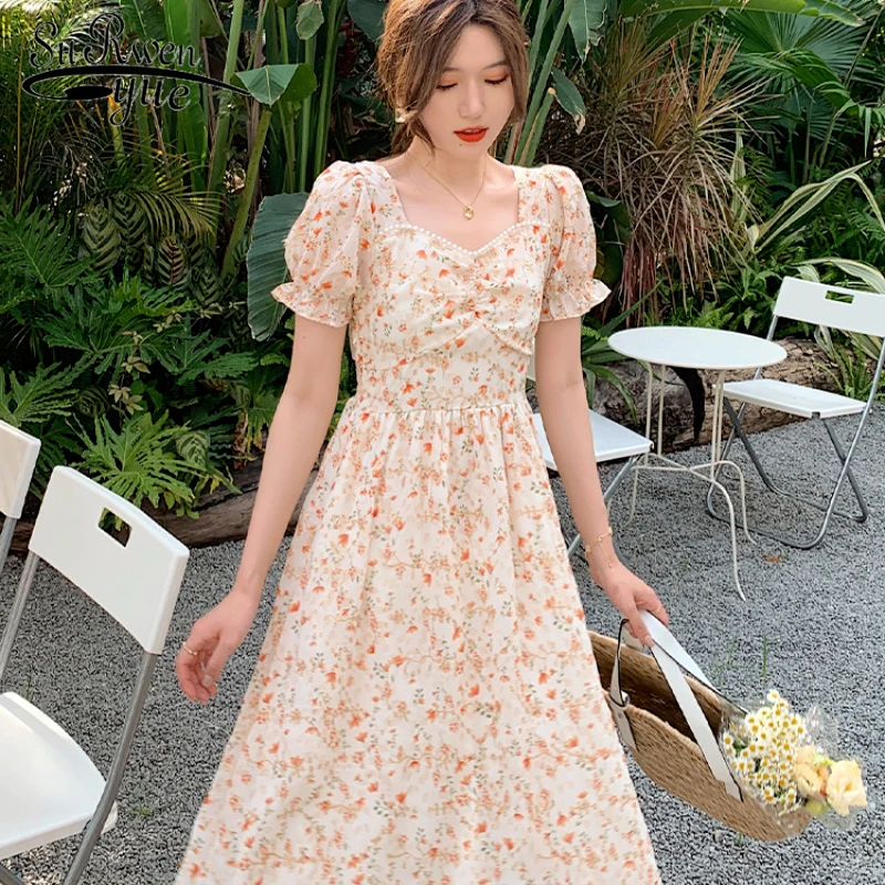 

Женское вечернее платье с коротким рукавом, шифоновое платье в Корейском стиле с короткими рукавами и разбитыми цветами, модель 22468 на лето