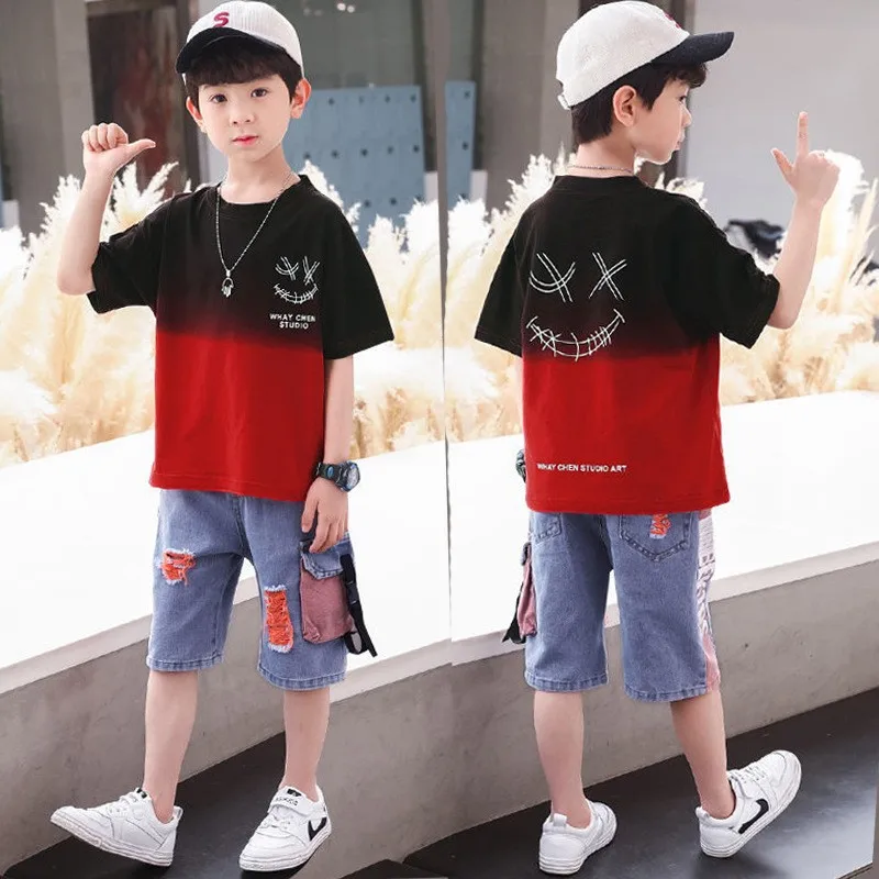 

Комплекты одежды для мальчиков 2023, Летняя короткая футболка, свитшот, шорты, детская одежда, подвесные крашеные Детские футболки для мальчи...