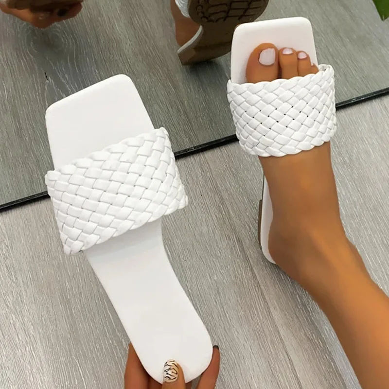 

Women Square Toe Flat Slippers Beach Sandals Women's Casual Flip Flops Woman Weave Shoes Ladies Female Slides Fashion Slipper