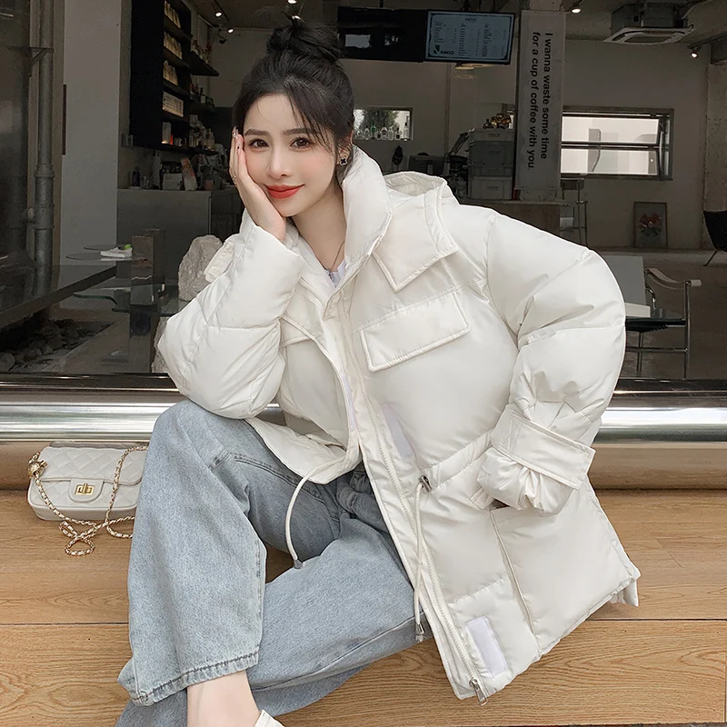 Winter Cotton Padded Down Parkas Womens Casacos De Inverno Feminino 2022 Safari Style Drawstring Pocket Warm Hooded Jacket Coats