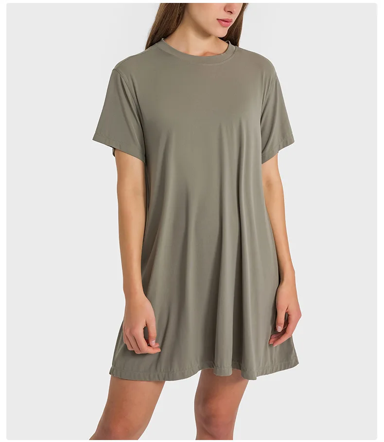 Luluwomen's T-shirt Crop Top Yoga Gym Tennis Fitness Sport Short Sleeve Outdoor Jogging Leisure Loose Pleated Womens Dresses