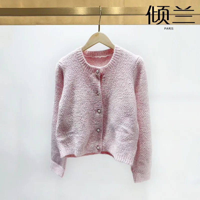 

PATADS French M Family 2021 Early Autumn New Women's Dress Ladies Pearl Embossed Buckle Cherry Blossom Pink Knitted Cardigan 021