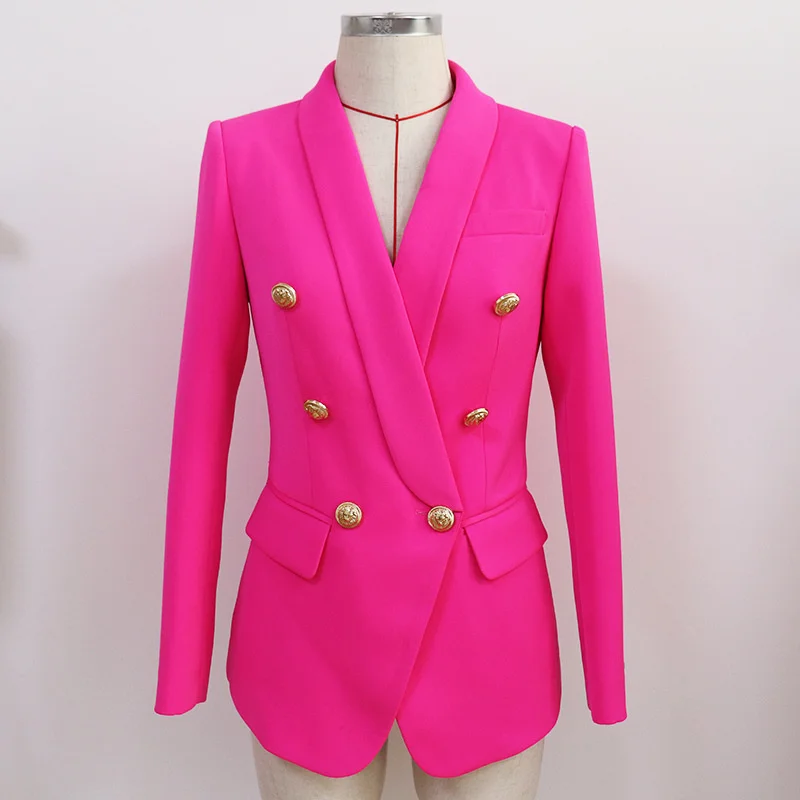 2022 Newest Fluorescent Pink Blazer Women Jacket Classic Metal Buckle Double Breasted Shawl Collar Office Ladies Women Blazer