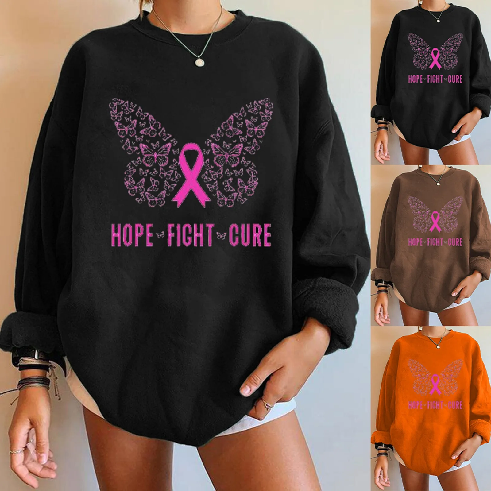

Inspirational Women's Breast Cancer Fashion Round Neck Sweater Kpop Athletic blouse tops chic