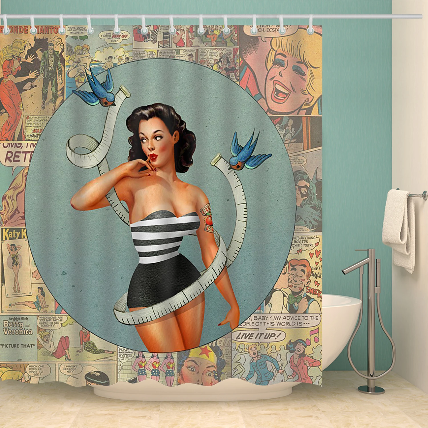 

American Girl Bathroom Curtain 3D Printed Sexy Woman Shower Curtains With 12 Hooks Waterproof Polyester Fabric Washable
