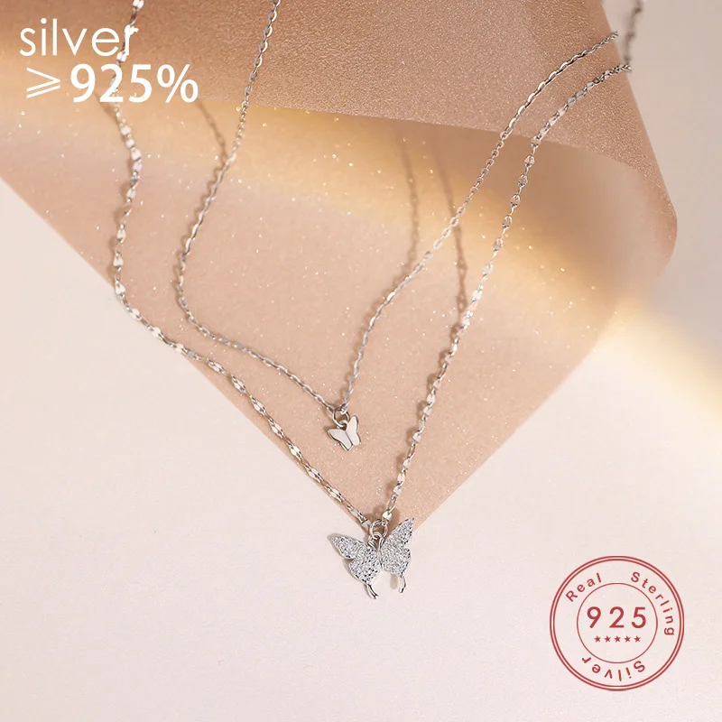 

Silver Color Double Layer Butterfly Necklace Woman Small Fresh Cute Shiny Zircon Clavicle Chain Jewelry Accessories