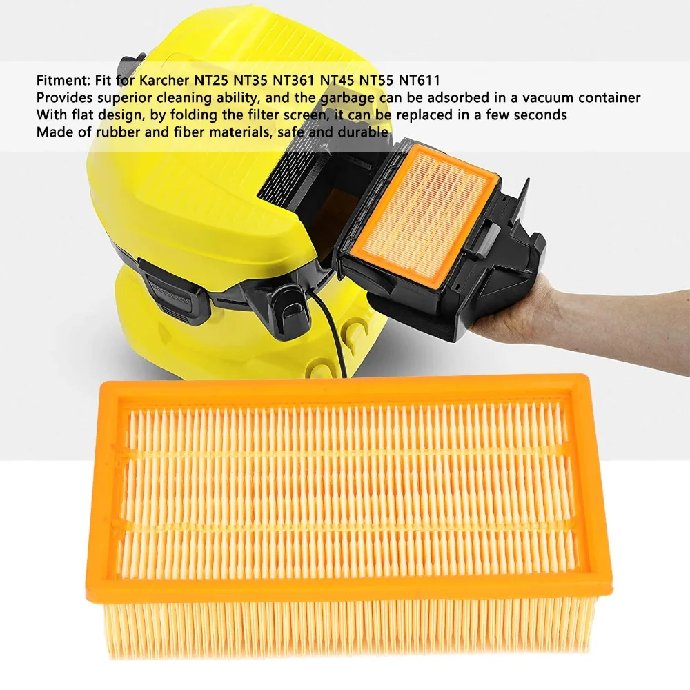 Фото Плиссированный прямоугольный желтый моторный фильтр для пылесосов Karcher NT25.1, NT35, NT45, NT55, NT361 ECO, NT561, NT611 №1