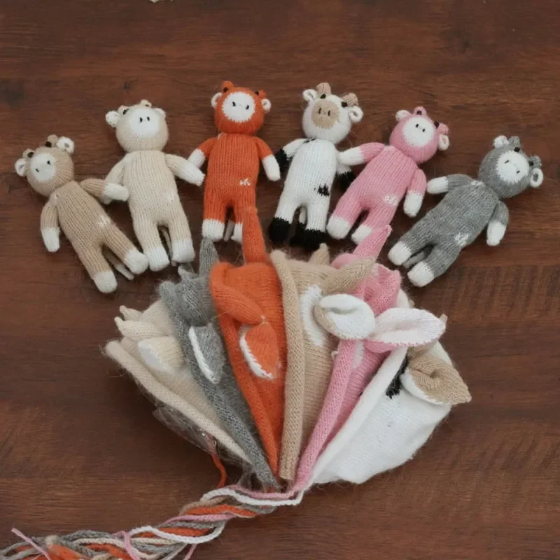Pcs Baby Knitting Cow Hat Animal Doll Set Handmade Crochet Mohair Beanies Cap Newborn Photography Props Bonnet enlarge